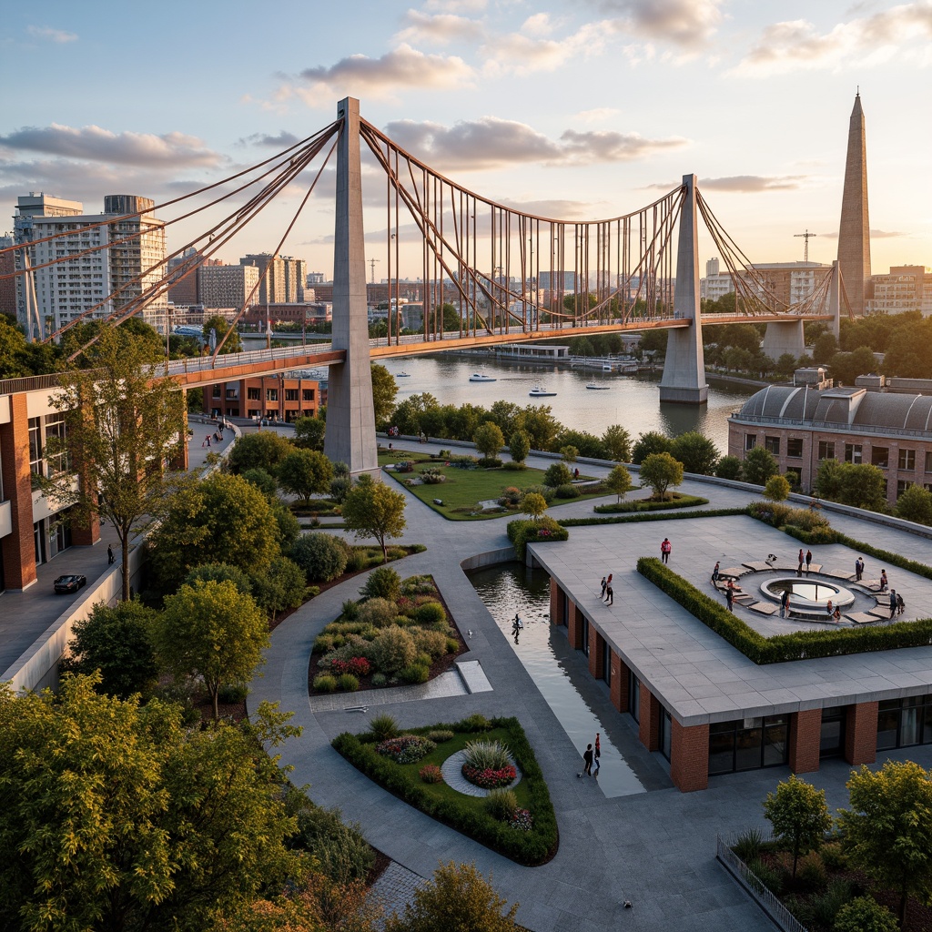 Prompt: Vibrant urban landscape, eclectic bridge design, steel arches, suspension cables, modern architecture, asymmetrical shapes, bold color schemes, dynamic lighting effects, pedestrian walkways, cycling paths, green roofs, integrated gardens, natural stone walls, water features, scenic overlooks, panoramic views, shallow depth of field, 1/2 composition, warm golden hour lighting, realistic textures, ambient occlusion.