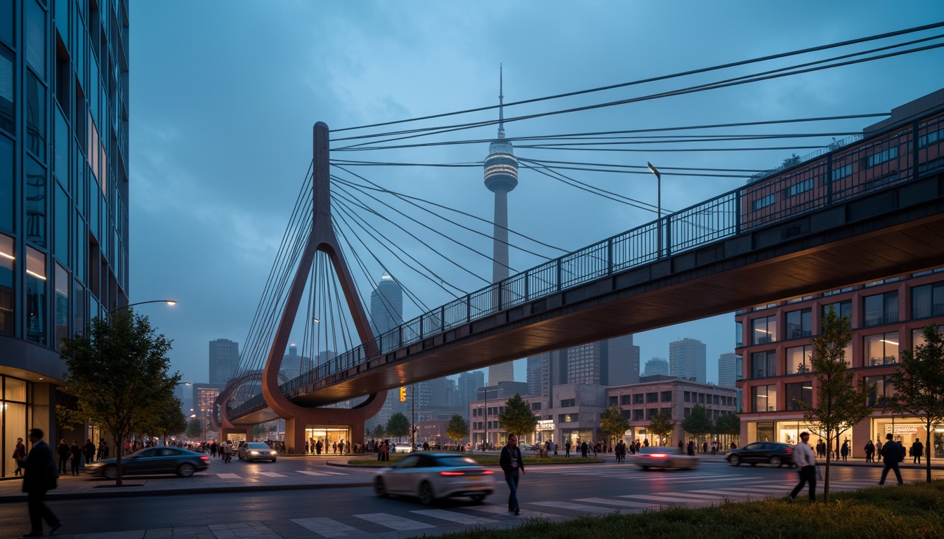 Prompt: Sleek pedestrian bridge, modernist architecture, minimalist design, clean lines, geometric shapes, steel beams, cable-stayed structure, suspension system, cantilevered sections, asymmetrical composition, urban landscape, city skyline, busy streets, vibrant streetlights, misty evening atmosphere, soft warm lighting, shallow depth of field, 1/2 composition, low-angle shot, realistic textures, ambient occlusion.