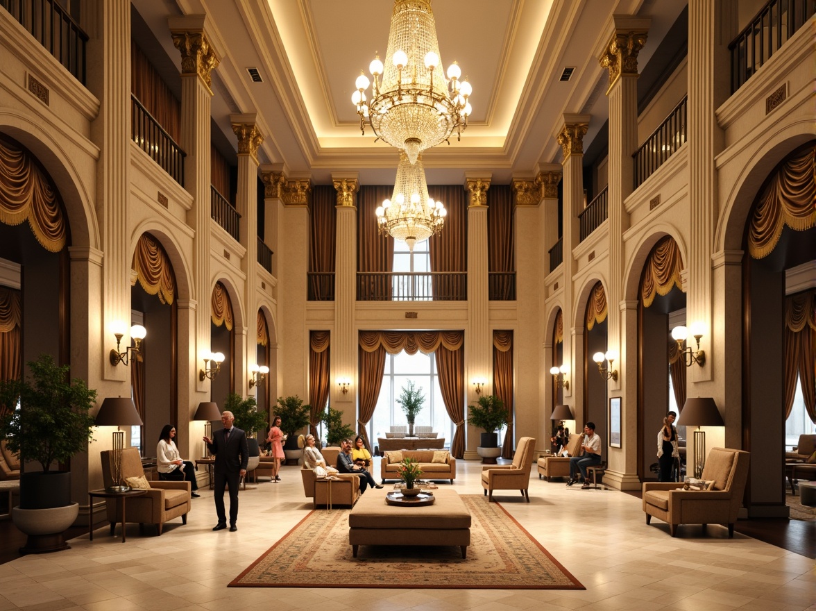 Prompt: Grand hotel lobby, ornate columns, intricately carved capitals, polished marble floors, elegant chandeliers, luxurious furnishings, rich velvet drapes, golden accents, symmetrical composition, classical arches, ornamental moldings, subtle lighting, warm beige tones, refined textures, shallow depth of field, 1/1 composition, realistic reflections, ambient occlusion.