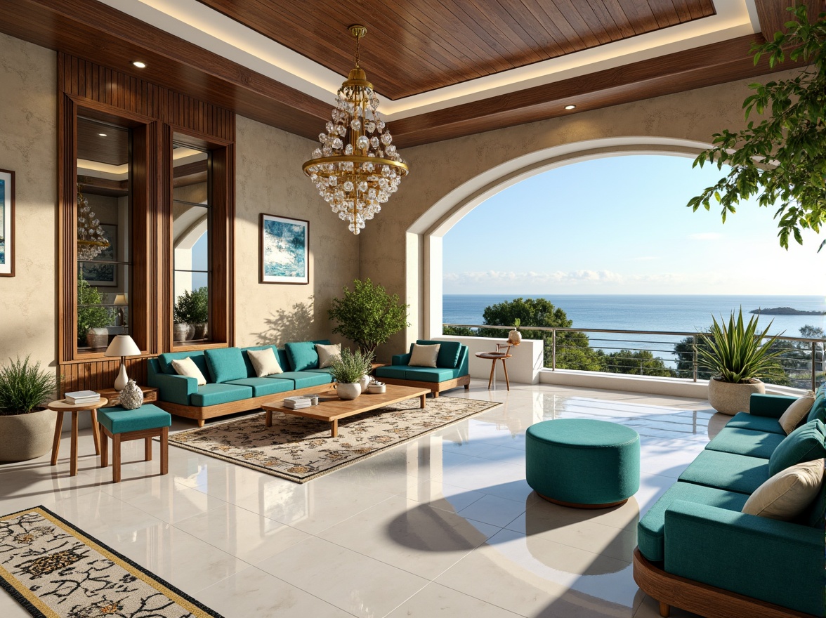 Prompt: Luxurious coastal villa, ornate metalwork, polished chrome accents, glossy white marble floors, rich walnut wood paneling, velvet soft furnishings, bold geometric patterns, vibrant turquoise hues, ocean-inspired motifs, scallop shell details, nautical rope trim, lavish crystal chandeliers, opulent gold leafing, sophisticated Art Deco styling, sleek curved lines, high-gloss finishes, dramatic ceiling heights, expansive ocean views, sunny coastal light, warm beige tones, soft focus blur, 1/1 composition, cinematic lighting.