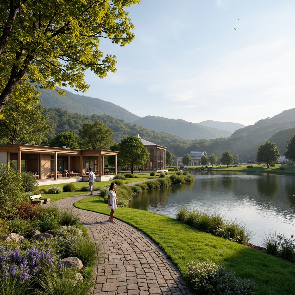 Prompt: Harmonious landscape integration, rolling hills, lush greenery, serene lakeside, walking trails, wooden benches, natural stone pathways, modern architecture, large windows, glass doors, blooming flowers, sunny day, soft warm lighting, shallow depth of field, 3/4 composition, panoramic view, realistic textures, ambient occlusion.