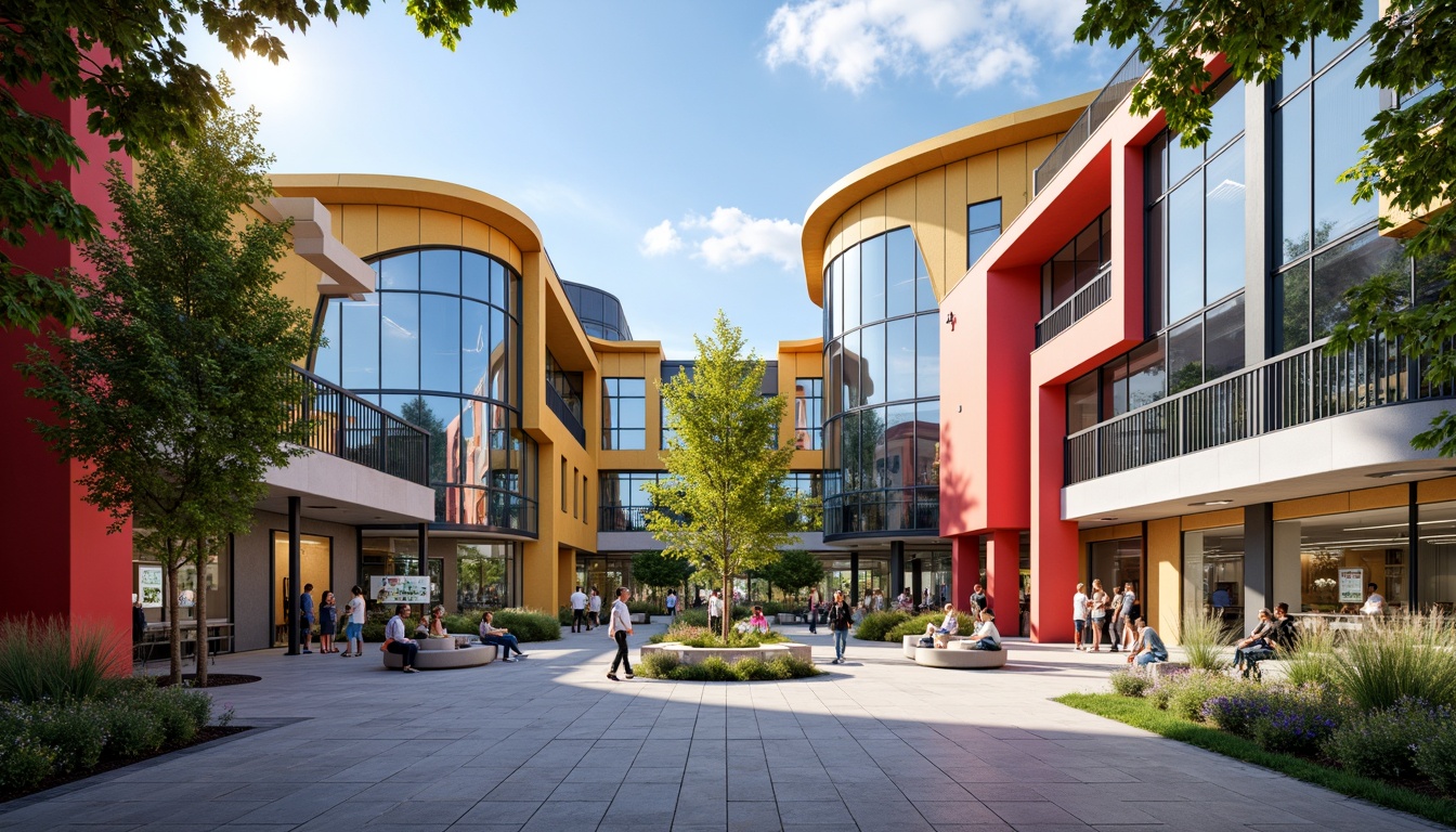 Prompt: Vibrant high school building, fusion architecture style, curved lines, dynamic shapes, bold color scheme, metallic materials, glass fa\u00e7ade, LED lighting system, modern entrance design, cantilevered rooflines, open-air courtyard, lush greenery, educational signage, interactive display screens, collaborative learning spaces, flexible seating arrangements, natural stone flooring, polished concrete walls, abundant daylighting, soft warm ambiance, shallow depth of field, 3/4 composition, panoramic view, realistic textures, ambient occlusion.