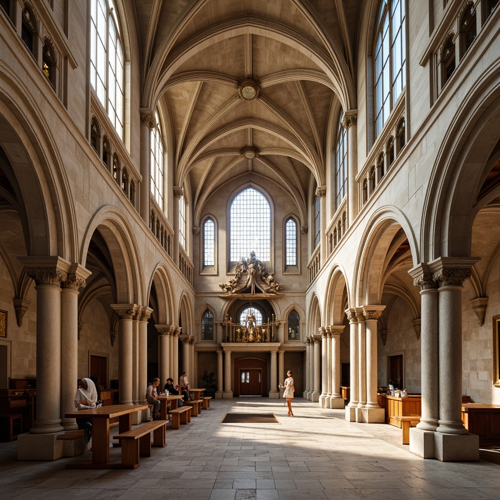 Prompt: Grand Romanesque cathedral, ornate stone carvings, stained glass windows, high ceilings, clerestory lighting, arched doorways, rustic wooden doors, intricate frescoes, vaulted roofs, natural stone floors, warm beige tones, soft diffused light, morning sunlight, gentle shadows, 1/1 composition, symmetrical framing, realistic textures, ambient occlusion.