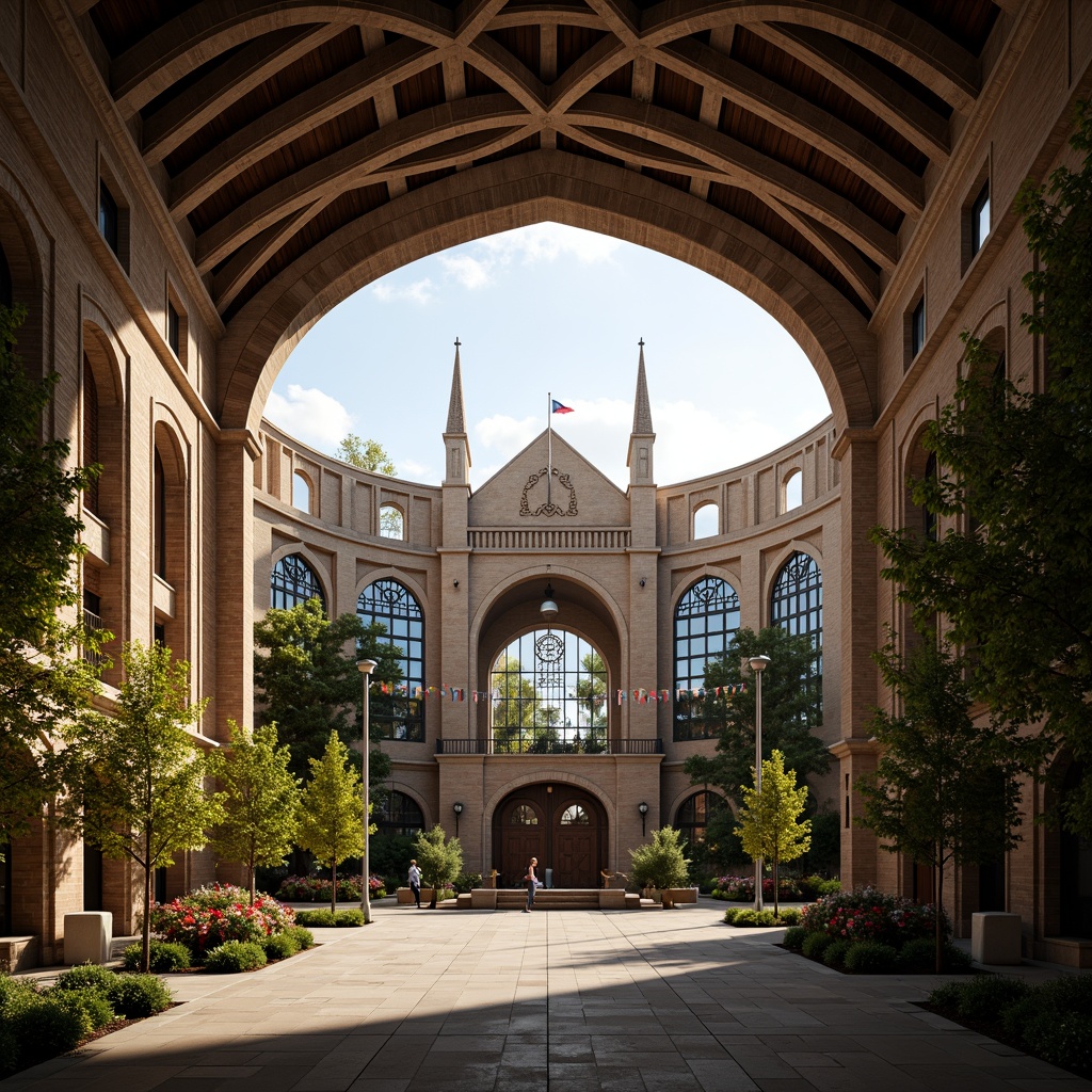 Prompt: Grandiose stadium, ribbed vaulted ceiling, pointed arches, flying buttresses, intricate stone carvings, stained glass windows, majestic entrance gates, ornate ironwork, vibrant pennants, lush greenery, natural stone fa\u00e7ade, towering spires, dramatic lighting, high-contrast shadows, 1/2 composition, symmetrical framing, warm golden hour, realistic textures, ambient occlusion.