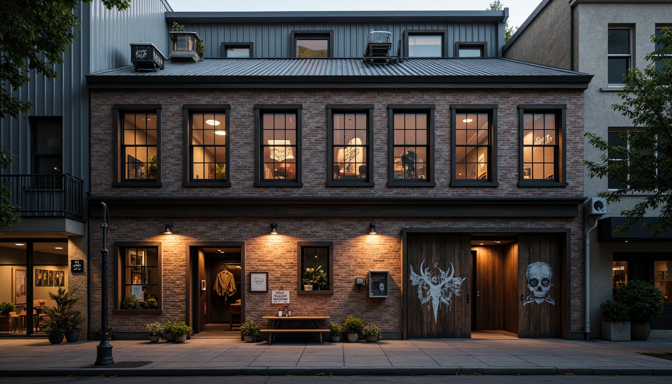 Prompt: Rustic warehouse facade, exposed brick walls, metal cladding, industrial windows, corrugated roofing, urban landscape, gritty cityscape, converted loft spaces, reclaimed wood accents, distressed finishes, vintage signage, eclectic street art, moody atmospheric lighting, dramatic shadows, 1/2 composition, low-angle shot, cinematic mood, realistic textures, ambient occlusion.