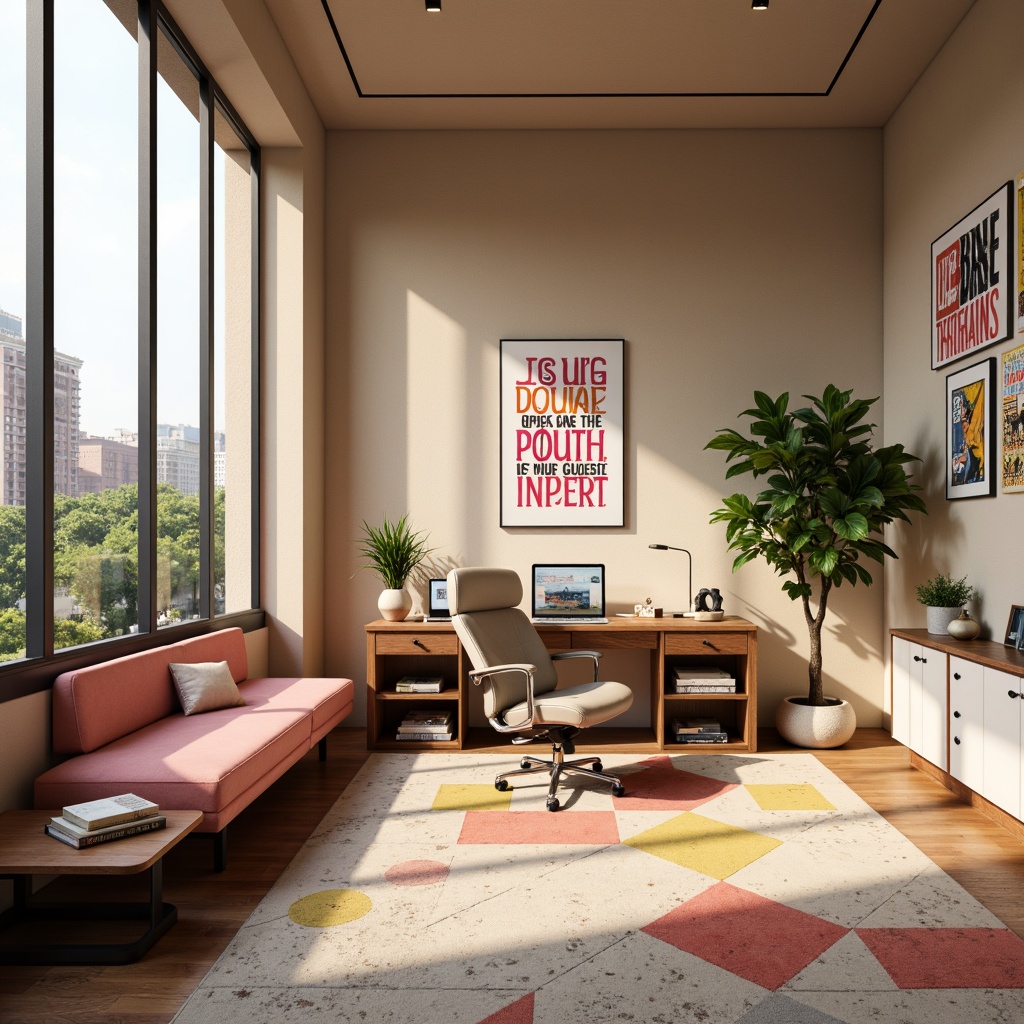 Prompt: Vibrant design studio, modern minimalist interior, sleek wooden desk, ergonomic chair, colorful artwork, inspirational quotes, natural light pouring in, large windows, urban cityscape view, warm beige walls, rich brown furniture, pastel pink accents, creamy white textures, bold typography, geometric patterns, 3/4 composition, shallow depth of field, soft warm lighting, realistic shadows.