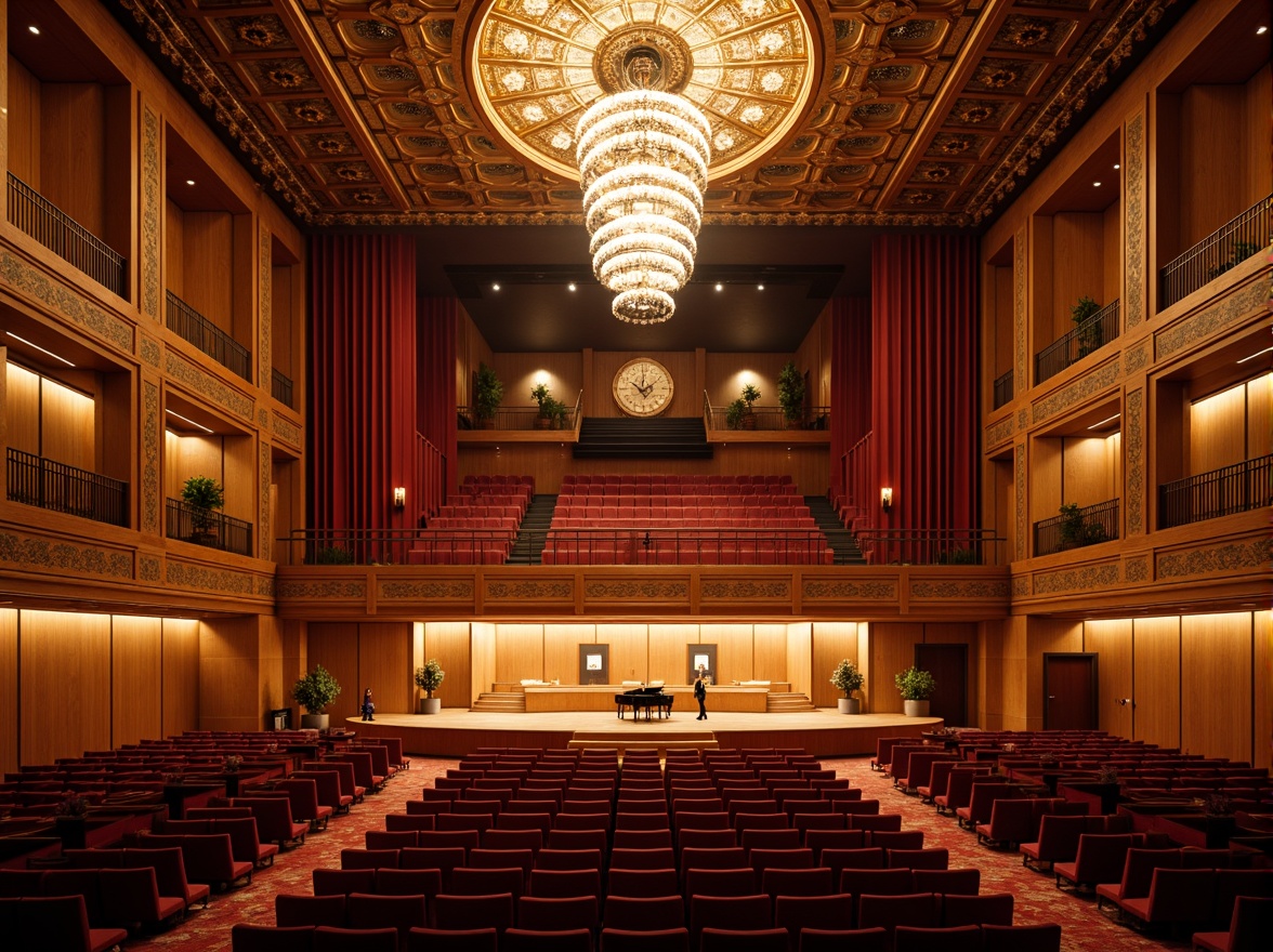 Prompt: Luxurious concert hall, ornate chandeliers, rich wood paneling, plush velvet seats, grand piano, soundproofing materials, acoustic panels, diffusers, absorbers, resonators, tiered seating, balconies, mezzanine levels, high ceilings, intricate moldings, crystal clear sound, warm ambiance, soft warm lighting, shallow depth of field, 3/4 composition, panoramic view, realistic textures, ambient occlusion.