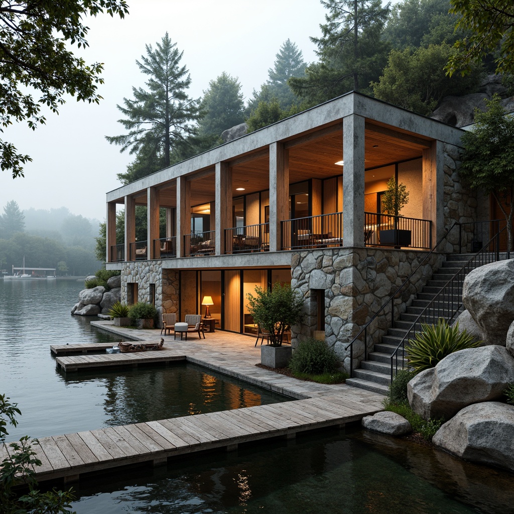 Prompt: Rustic boathouse, brutalist architecture, rugged stone walls, wooden accents, natural materials, earthy tones, waterfront location, serene lake views, surrounding foliage, overhanging trees, weathered wood docks, nautical elements, industrial chic decor, exposed ductwork, concrete floors, metal beams, floor-to-ceiling windows, soft warm lighting, misty morning atmosphere, shallow depth of field, 2/3 composition, realistic textures, ambient occlusion.