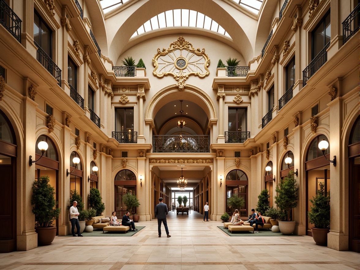 Prompt: Grandiose bank building, symmetrical facade, ornate Baroque details, intricate stone carvings, golden accents, imposing columns, grand entrance, sweeping arches, ornamental balconies, lavish decorations, rich textures, warm beige stone, polished marble floors, elegant chandeliers, soft warm lighting, shallow depth of field, 1/1 composition, realistic reflections, ambient occlusion.