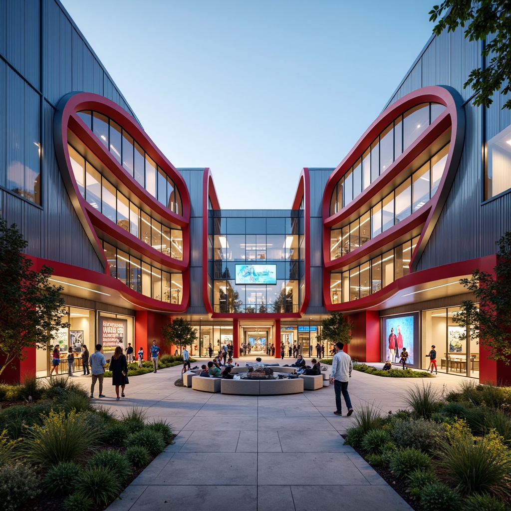 Prompt: Vibrant high school building, fusion architecture style, curved lines, dynamic shapes, bold color scheme, metallic materials, glass fa\u00e7ade, LED lighting system, modern entrance design, cantilevered rooflines, open-air courtyard, lush greenery, educational signage, interactive display screens, collaborative learning spaces, flexible seating arrangements, natural stone flooring, polished concrete walls, abundant daylighting, soft warm ambiance, shallow depth of field, 3/4 composition, panoramic view, realistic textures, ambient occlusion.