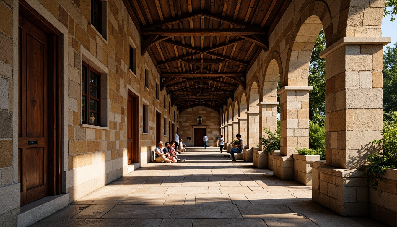 Prompt: Rustic stone walls, weathered brick facades, ornate carvings, grand archways, ribbed vaults, stained glass windows, heavy wooden doors, intricate ironwork, ornamental capitals, rough-hewn granite columns, earthy tone color palette, natural light filtering, warm ambient lighting, shallow depth of field, 2/3 composition, symmetrical framing, realistic textures, subtle atmospheric effects.