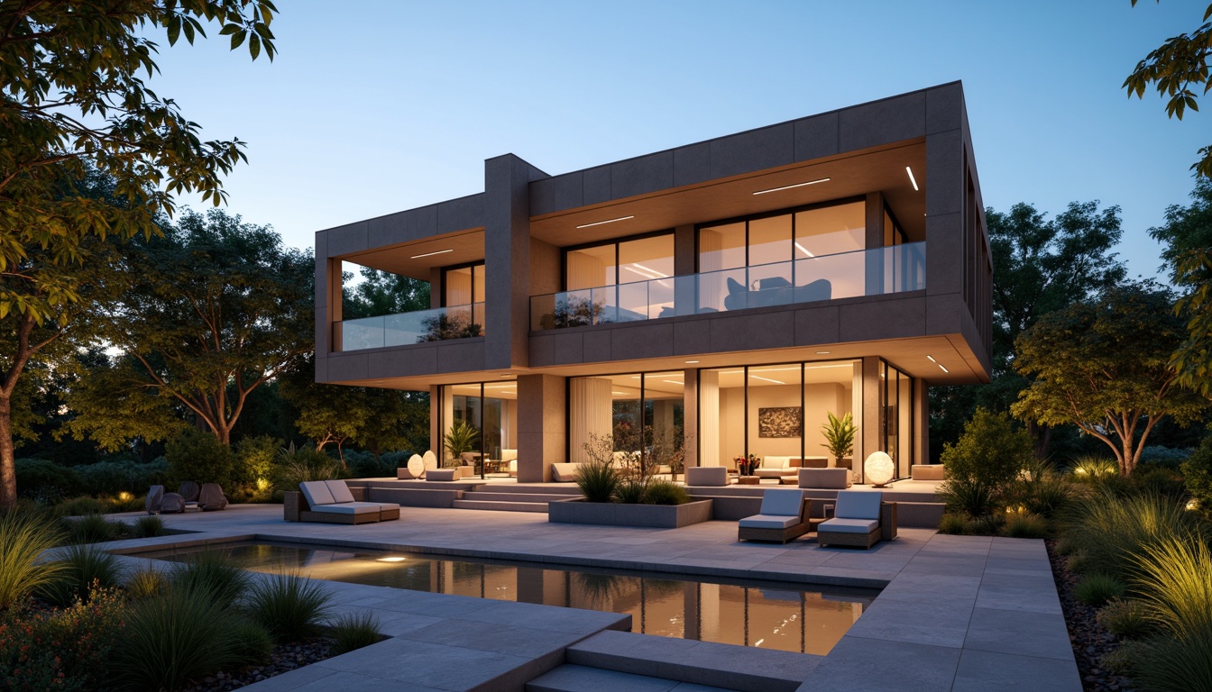 Prompt: Luxurious modern villa, sleek Lavacrete facade, high-gloss finish, subtle texture, earthy tone, natural stone accents, minimalist landscaping, sparse greenery, warm ambient lighting, shallow depth of field, 1/1 composition, realistic reflections, soft focus blur.