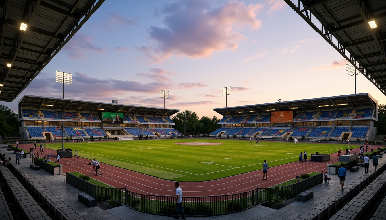 Prompt: Natural grass fields, athletic tracks, sports equipment, goalposts, bleachers, scoreboard, floodlights, evening ambiance, warm sunset lighting, shallow depth of field, 3/4 composition, panoramic view, realistic textures, ambient occlusion, modern sports facility architecture, sleek metal structures, durable concrete surfaces, vibrant team colors, dynamic crowd scenes, energetic atmosphere, safety fencing, accessible walkways, parking lots, surrounding trees, lush landscaping.