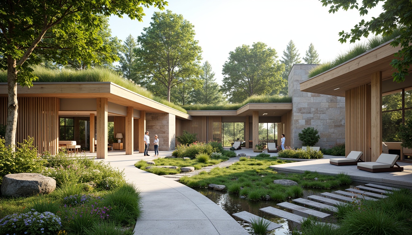 Prompt: Soothing healthcare facility, lush green roofs, natural stone walls, calming water features, serene gardens, walking trails, meditation areas, vibrant flowers, comfortable outdoor seating, warm wooden accents, large windows, abundant natural light, peaceful atmosphere, shallow depth of field, 3/4 composition, realistic textures, ambient occlusion, modern minimalist architecture, eco-friendly materials, sustainable design solutions, innovative ventilation systems, shaded outdoor spaces, misting systems.