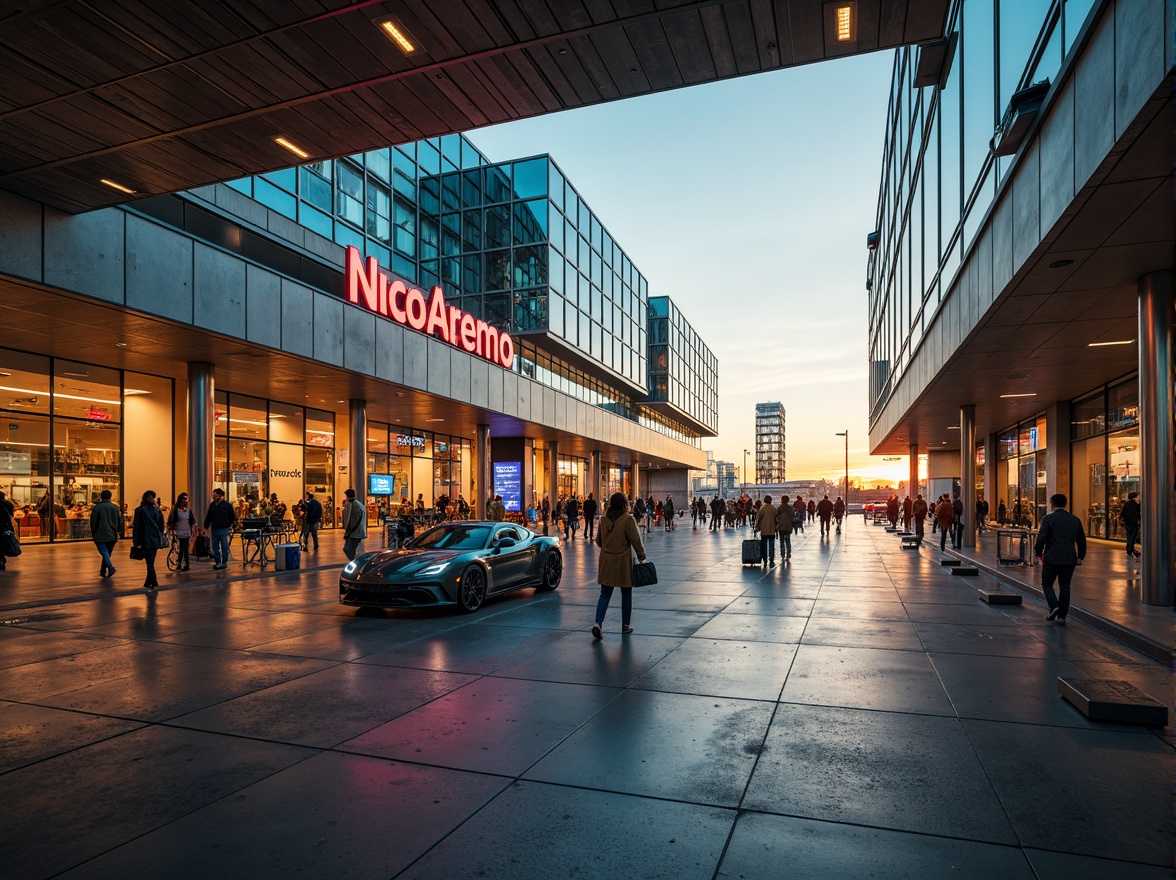 Prompt: Vibrant airport terminal, futuristic architecture, metallic surfaces, reflective glass facades, angular lines, neon lights, dynamic shapes, industrial materials, distressed concrete textures, exposed ductwork, urban cityscape, bustling atmosphere, warm golden lighting, shallow depth of field, 3/4 composition, panoramic view, realistic reflections, ambient occlusion.