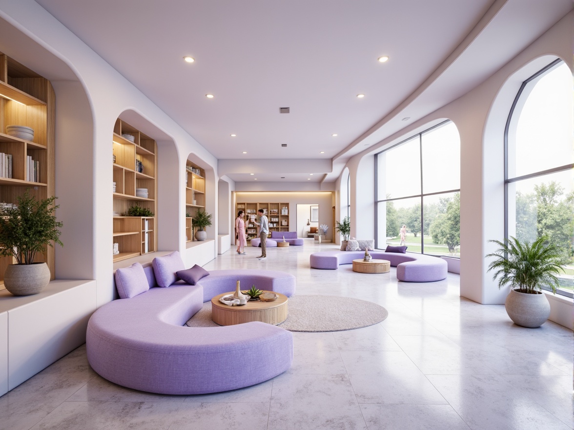 Prompt: Soft lavender blue hues, calming atmosphere, serene architectural design, gentle curves, rounded edges, soothing color scheme, pastel shades, creamy whites, warm beige accents, natural stone textures, wooden elements, minimalist decor, cozy reading nooks, floor-to-ceiling windows, abundant natural light, softbox lighting, shallow depth of field, 1/1 composition, intimate scale, peaceful ambiance, subtle gradient effects.