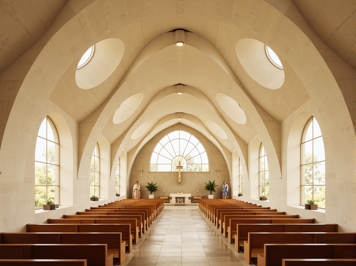 Prompt: Sleek modern church, curved lines, minimalist architecture, cream-colored stone walls, large stained glass windows, subtle natural light, warm beige interior, polished wooden pews, simple altar design, soft golden lighting, shallow depth of field, 1/1 composition, realistic textures, ambient occlusion, calming atmosphere, serene ambiance, gentle color palette, soothing earth tones, muted pastel hues.