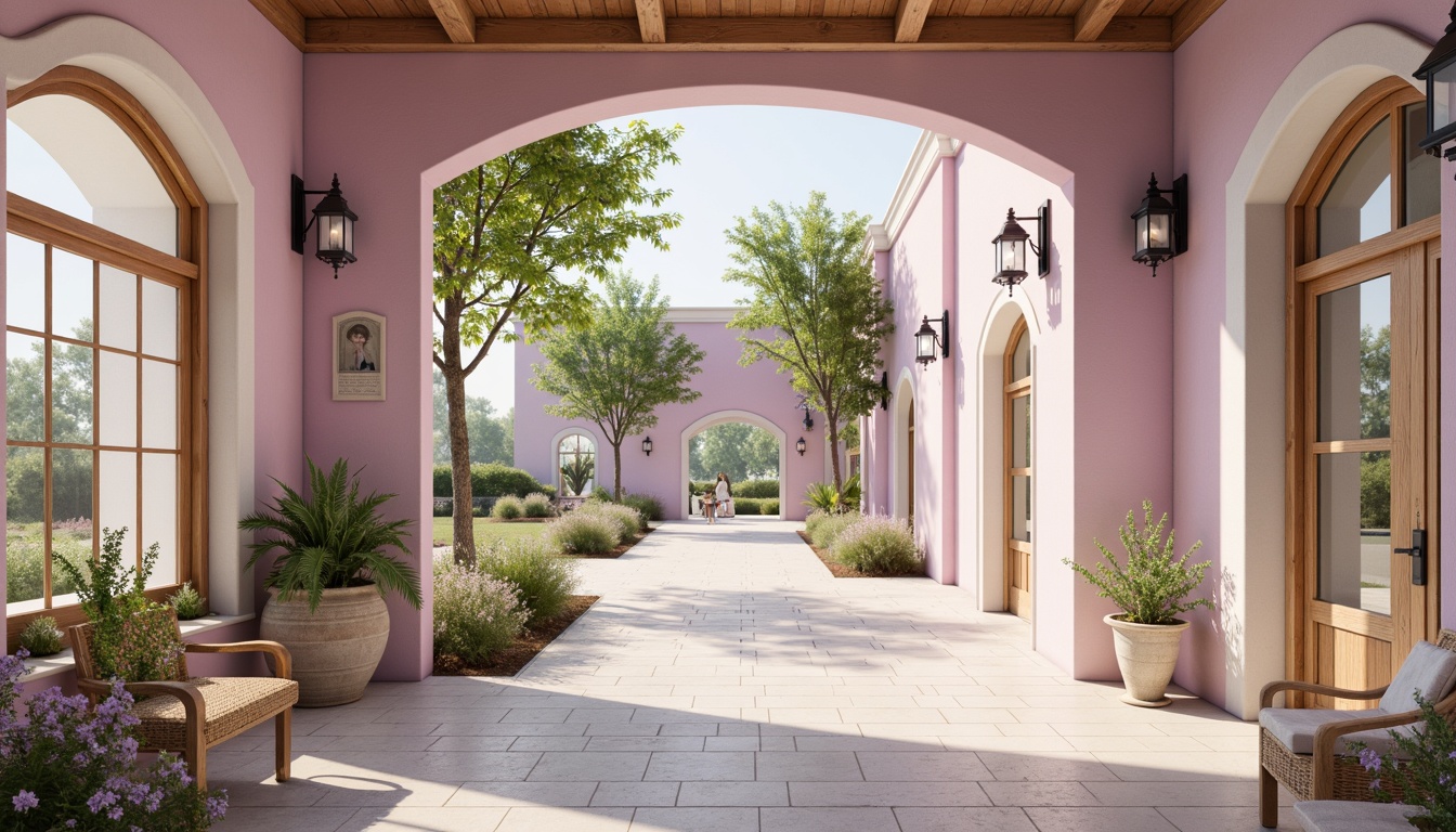 Prompt: Soft lilac hues, pastel pink undertones, creamy whites, warm beige accents, rich wood textures, natural stone floors, elegant archways, ornate metal fixtures, lush greenery, blooming flowers, serene atmosphere, soft warm lighting, shallow depth of field, 3/4 composition, realistic textures, ambient occlusion.