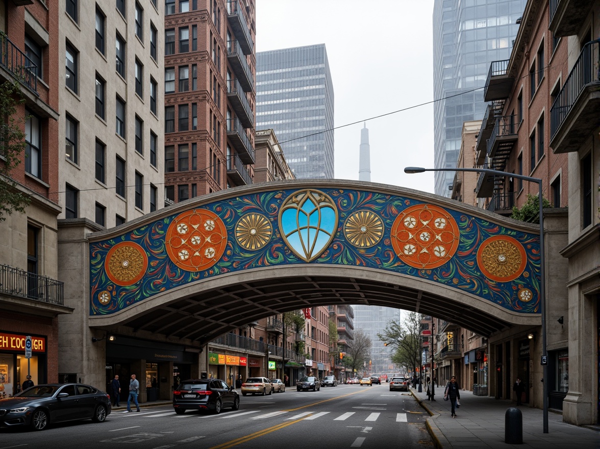 Prompt: Eclectic bridge architecture, curved lines, irregular shapes, mixed materials, steel beams, stone pillars, wooden decks, vibrant color schemes, ornate details, Gothic-inspired arches, Romanesque columns, Art Nouveau motifs, futuristic accents, dynamic lighting, misty atmosphere, urban cityscape, riverbank setting, pedestrian walkways, vehicle traffic flow, 1/2 composition, low-angle shot, dramatic shadows, realistic textures, ambient occlusion.