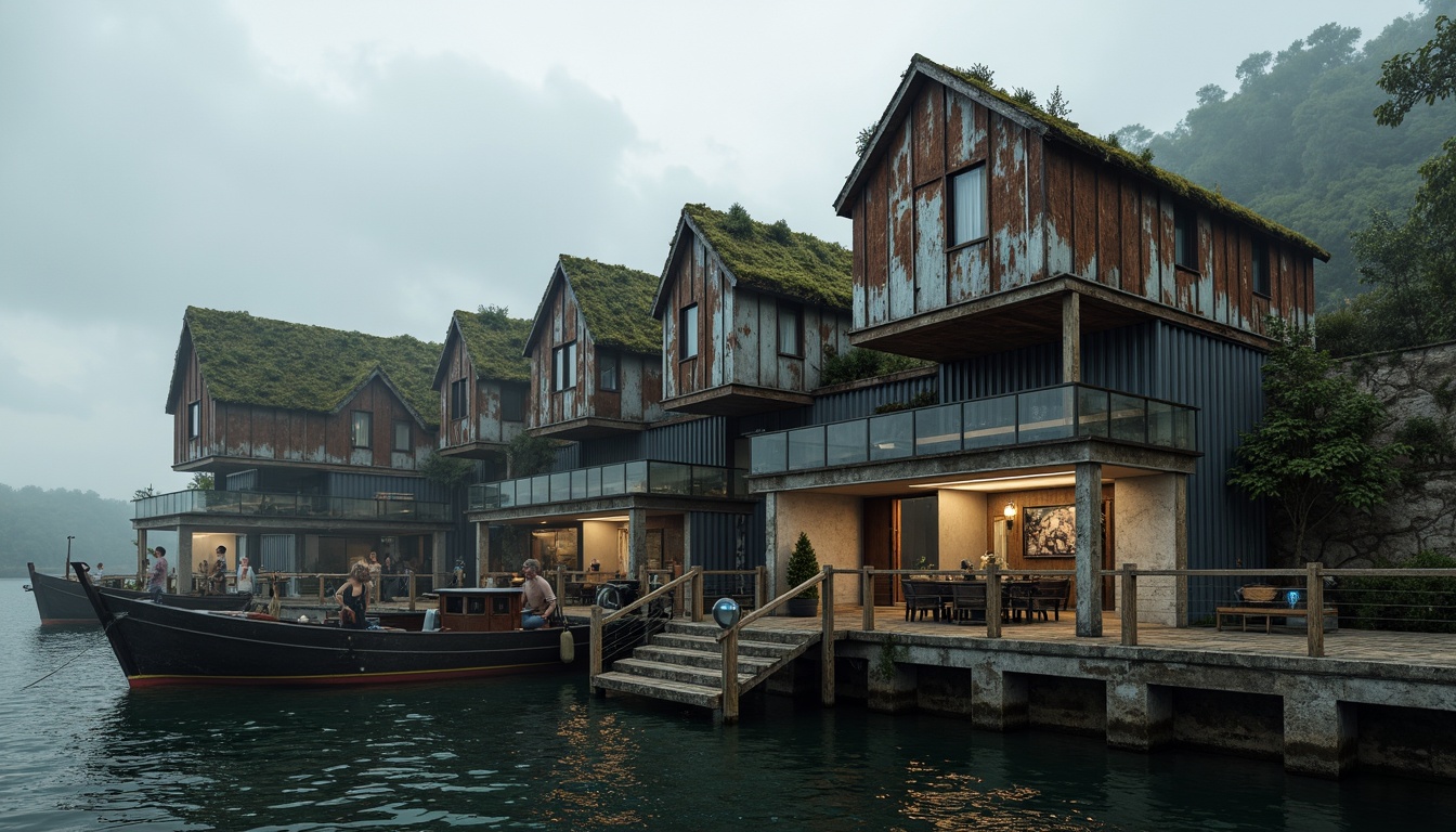 Prompt: Rugged boathouse, weathered wood planks, rusty metal accents, rough-hewn stone walls, moss-covered roofs, brutalist architecture, industrial chic, distressed textures, worn wooden docks, nautical ropes, porthole windows, corrugated metal cladding, raw concrete foundations, overcast skies, dramatic shadows, high-contrast lighting, cinematic composition, atmospheric mist, realistic water reflections.