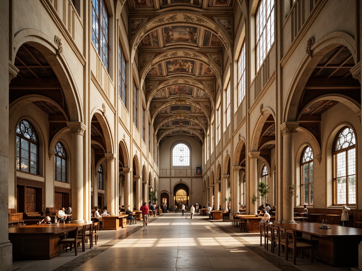 Prompt: Grand Romanesque cathedral, ornate stone carvings, stained glass windows, high ceilings, clerestory lighting, arched doorways, rustic wooden doors, intricate frescoes, vaulted roofs, natural stone flooring, warm beige tones, soft diffused light, indirect sunlight, 1/1 composition, symmetrical framing, subtle shadows, ambient occlusion, realistic textures.