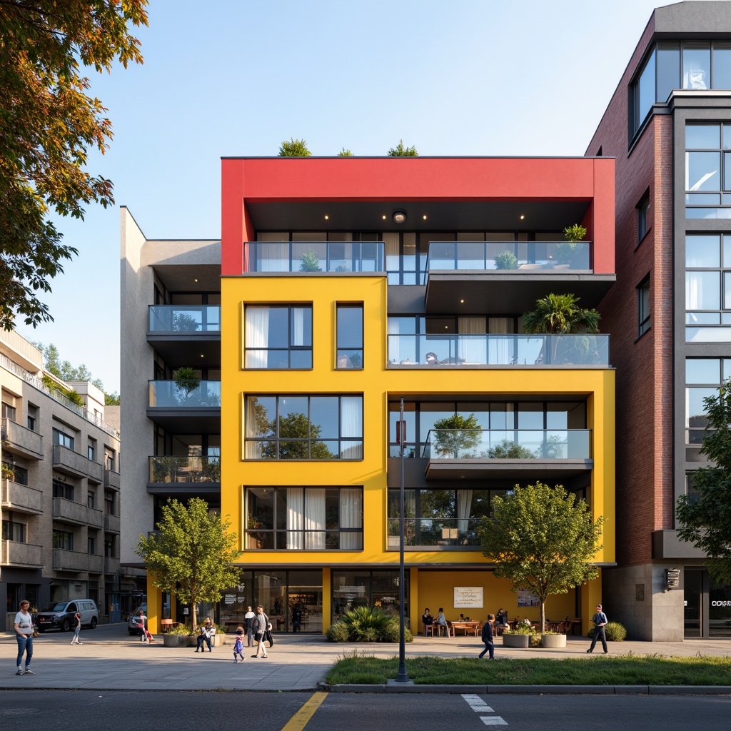 Prompt: Geometric middle school facade, bold primary colors, rectangular windows, flat roofs, industrial materials, exposed ductwork, minimalist ornamentation, functional simplicity, clean lines, rectangular columns, cantilevered staircases, asymmetrical compositions, natural light-filled classrooms, collaborative learning spaces, flexible modular furniture, educational signage, urban cityscape background, morning sunlight, soft shadows, 1/1 composition, realistic textures, ambient occlusion.