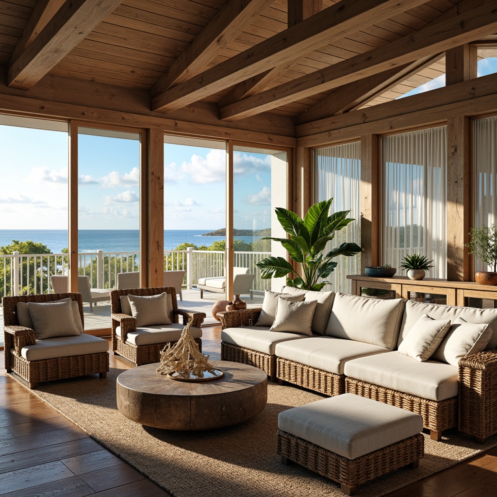 Prompt: Coastal living room, driftwood accents, ocean-inspired color palette, natural textures, woven rattan furniture, plush sectional sofas, nautical-themed decor, vintage fishing nets, rustic wooden coffee tables, floor-to-ceiling windows, sliding glass doors, beachy views, soft warm lighting, shallow depth of field, 3/4 composition, panoramic view, realistic wood grains, ambient occlusion.