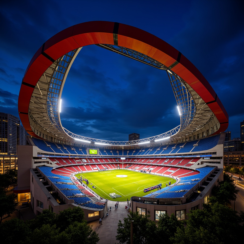 Prompt: Bauhaus-inspired stadium architecture, bold primary colors, bright red accents, deep blue tones, yellow highlights, geometric shapes, industrial materials, exposed concrete structures, steel beams, minimalist design, functional aesthetics, modernist influences, urban landscape, cityscape views, dramatic nighttime lighting, floodlights, vibrant color contrasts, high-contrast shadows, 1/1 composition, symmetrical framing, realistic textures, ambient occlusion.