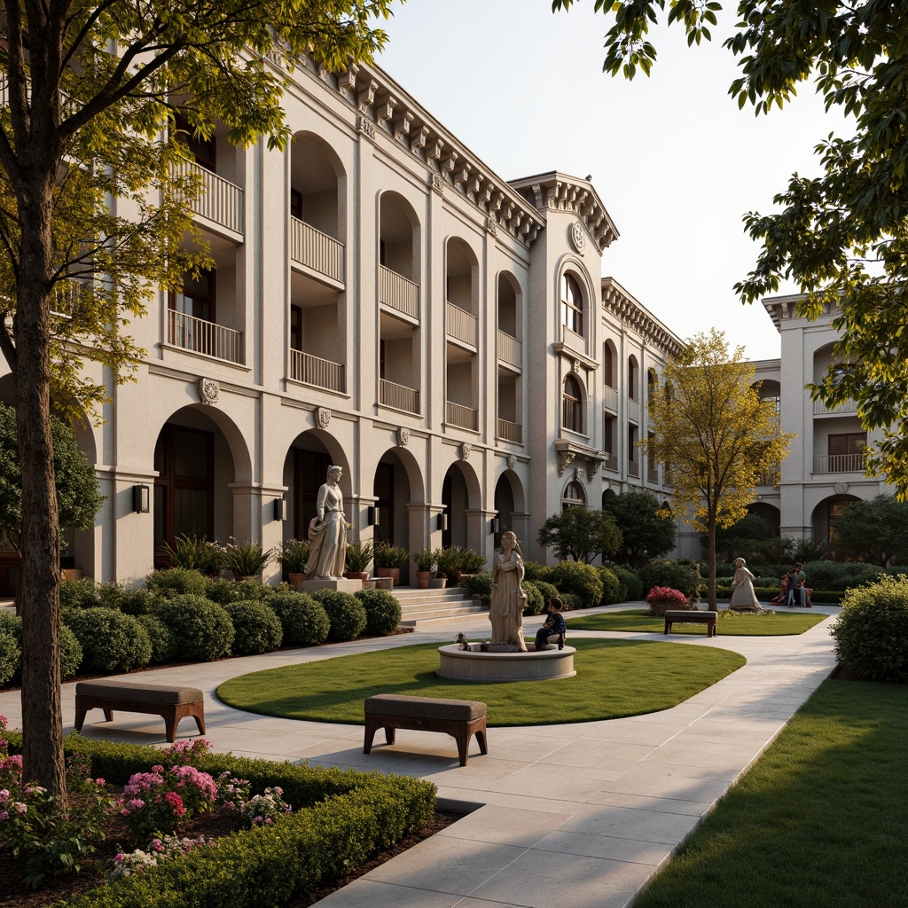 Prompt: Elegant Renaissance-style hotel facade, ornate stone carvings, grand entranceways, symmetrical gardens, manicured lawns, topiary trees, blooming flowerbeds, meandering walkways, tranquil fountains, classical statues, rustic benches, natural stone paving, warm golden lighting, soft focus, 1/2 composition, intimate atmosphere, realistic textures, ambient occlusion.