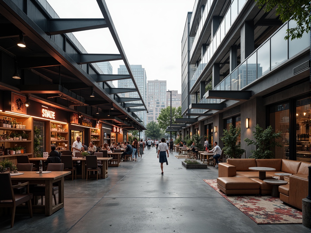 Prompt: Monochromatic modern market, sleek glass roofs, polished metal accents, industrial chic concrete floors, reclaimed wood textures, vibrant neon signage, eclectic mix of vintage and contemporary furniture, urban cityscape backdrop, overcast sky with soft warm lighting, shallow depth of field, 1/1 composition, realistic reflections, ambient occlusion.