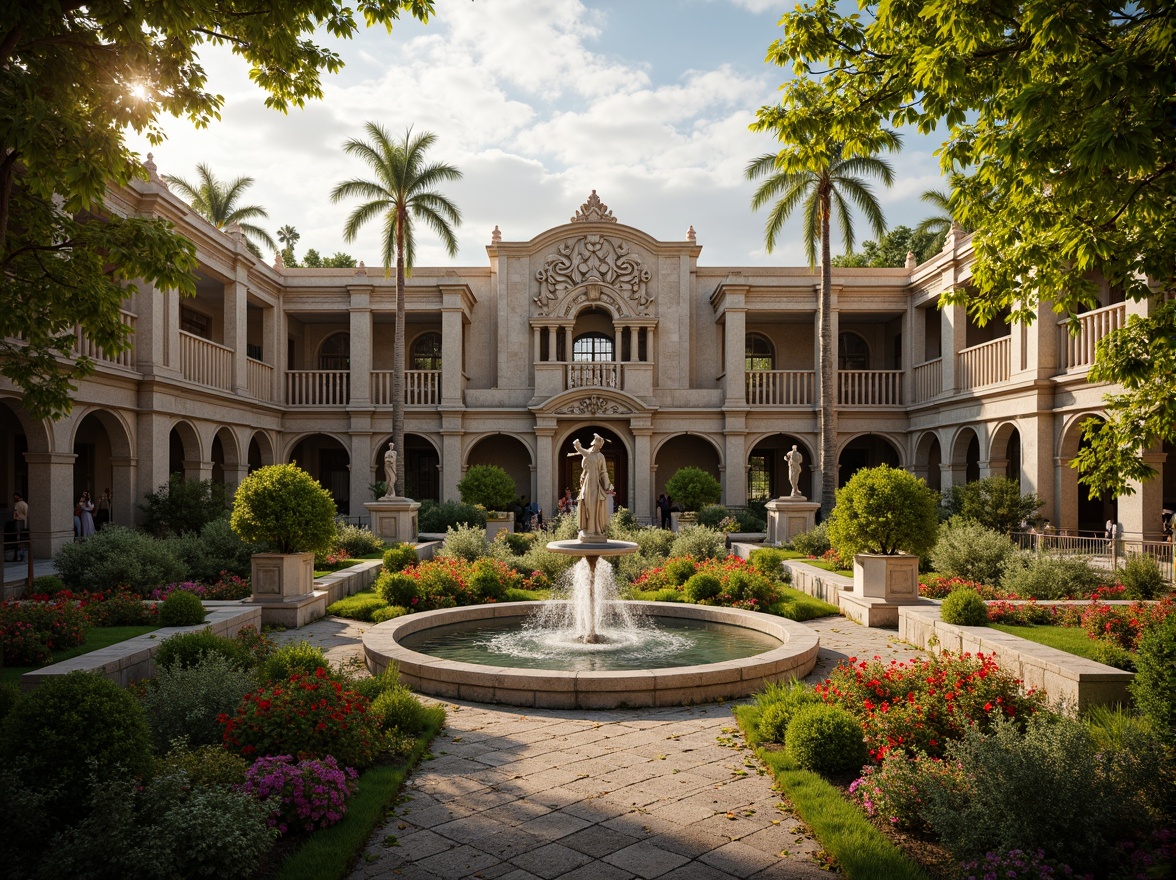 Prompt: Ornate Baroque palace, grandiose fountain, lush greenery, vibrant flowers, statues, sculptures, symmetrical gardens, meandering pathways, ornamental gates, rustic stone walls, majestic archways, dramatic lighting, warm golden tones, soft focus, shallow depth of field, 1/2 composition, panoramic view, realistic textures, ambient occlusion.