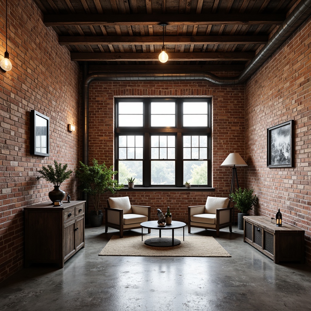 Prompt: Exposed brick walls, metal beams, reclaimed wood accents, industrial-style lighting fixtures, concrete floors, urban loft atmosphere, modern minimalist decor, sleek metal furniture, Edison bulbs, distressed finishes, functional pipes, mechanical equipment, converted warehouse space, high ceilings, large windows, natural light, airy feel, 3/4 composition, shallow depth of field, realistic textures, ambient occlusion.