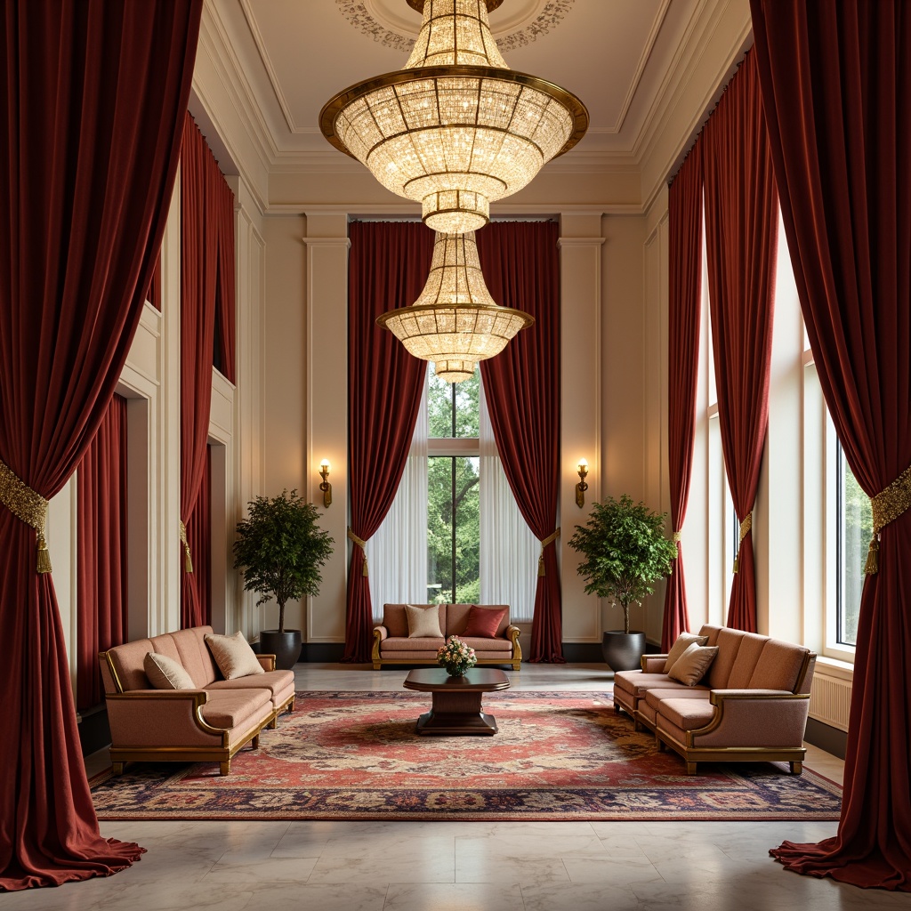 Prompt: Luxurious hotel lobby, rich velvet drapes, ornate golden frames, plush silk sofas, intricately patterned rugs, majestic crystal chandeliers, elegant marble floors, neoclassical columns, subtle cream walls, sophisticated furniture upholstery, lavish curtains, opulent fabrics, refined embroidery, delicate lace details, warm ambient lighting, shallow depth of field, 1/2 composition, realistic textures, soft focus effect.