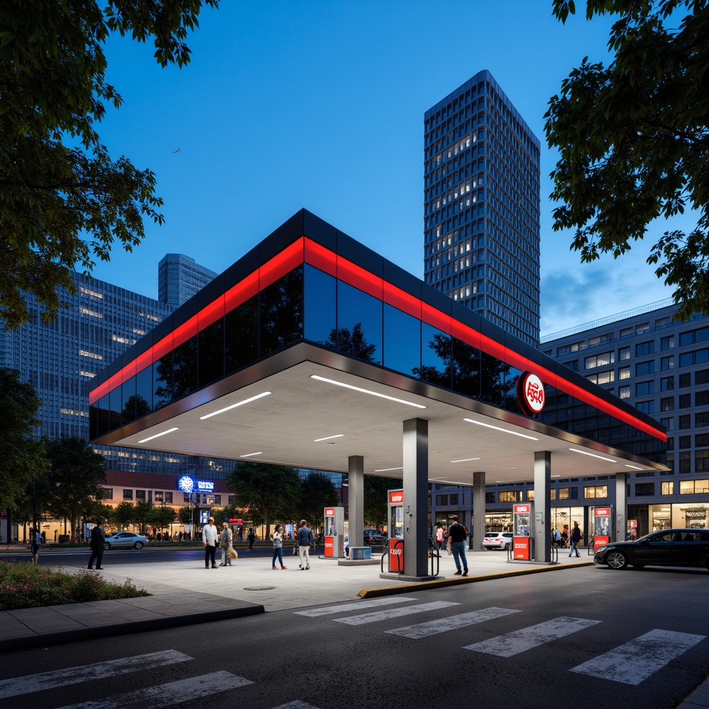 Prompt: Modern gas station, sleek metal fa\u00e7ade, reflective glass surfaces, angular lines, minimalist design, industrial chic aesthetic, concrete floors, steel beams, exposed ductwork, neon signage, LED lighting, futuristic ambiance, urban landscape, cityscape views, busy streets, asphalt roads, fuel pumps, stainless steel canopies, corrugated metal roofs, industrial materials, brutalist architecture, functional design, high-contrast color scheme, dramatic shadows, low-angle photography, cinematic composition.