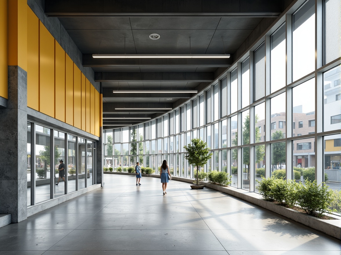 Prompt: Minimalist school building, large windows, metal frames, industrial-style lighting, functional window treatments, roller shades, geometric patterns, bold color accents, rectangular shapes, clean lines, modernist architecture, open floor plans, collaborative learning spaces, natural light, airy atmosphere, 1/1 composition, high-contrast lighting, realistic textures, ambient occlusion.