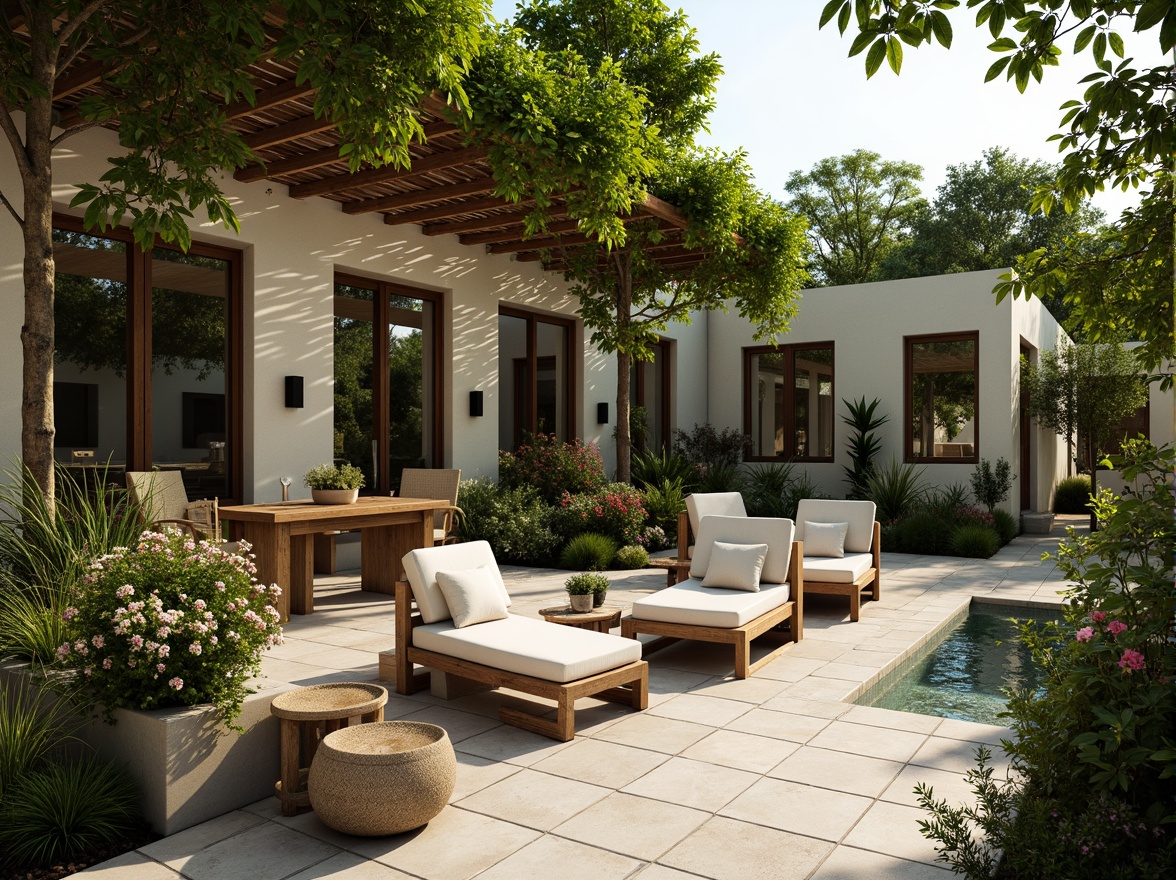 Prompt: Cozy patio, lush greenery, vibrant flowers, comfortable outdoor furniture, soft cushions, warm lighting, natural stone flooring, wooden accents, modern pergola, climbing plants, serene ambiance, shallow depth of field, 1/1 composition, realistic textures, ambient occlusion, sunny day, gentle breeze, refreshing water features, soothing sound effects.