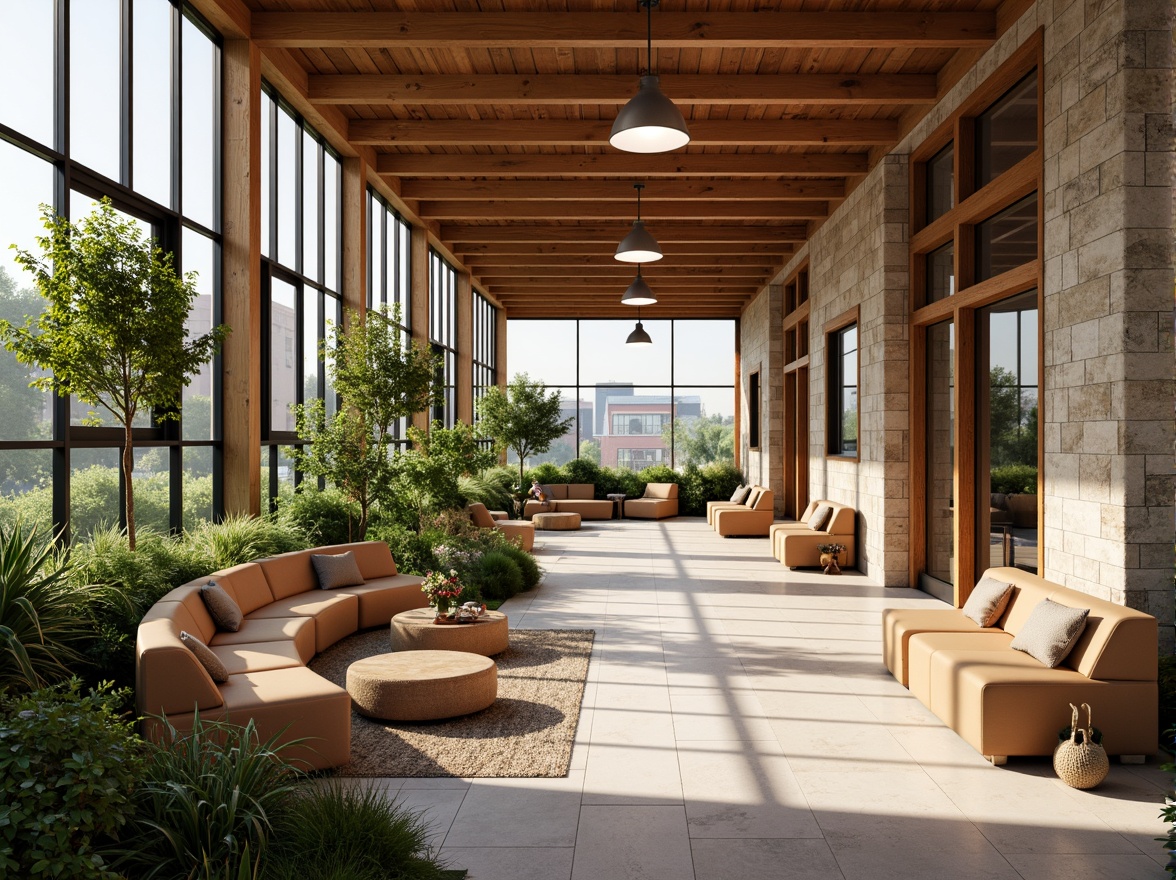 Prompt: Cozy student lounge, warm wooden accents, large windows, soft diffused lighting, natural stone walls, greenery installations, vibrant plants, comfortable seating areas, minimalist decor, calming color palette, abundant daylight, gentle shadows, 1/1 composition, shallow depth of field, realistic textures, ambient occlusion.