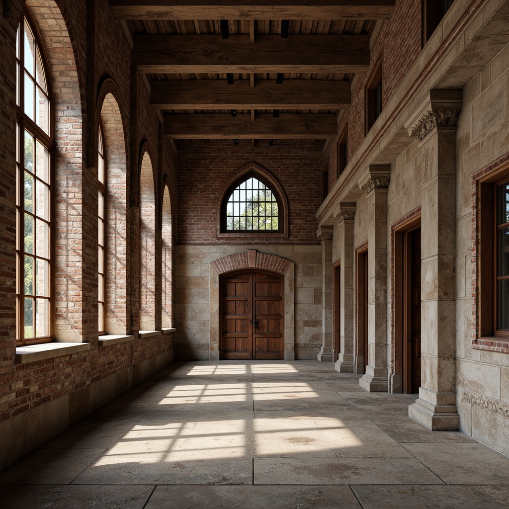 Prompt: Rustic stone walls, weathered brick facades, ornate carvings, grand archways, ribbed vaults, stained glass windows, heavy wooden doors, intricate ironwork, ornamental capitals, rough-hewn granite columns, earthy tone color palette, natural light filtering, warm ambient lighting, shallow depth of field, 2/3 composition, symmetrical framing, realistic textures, subtle atmospheric effects.