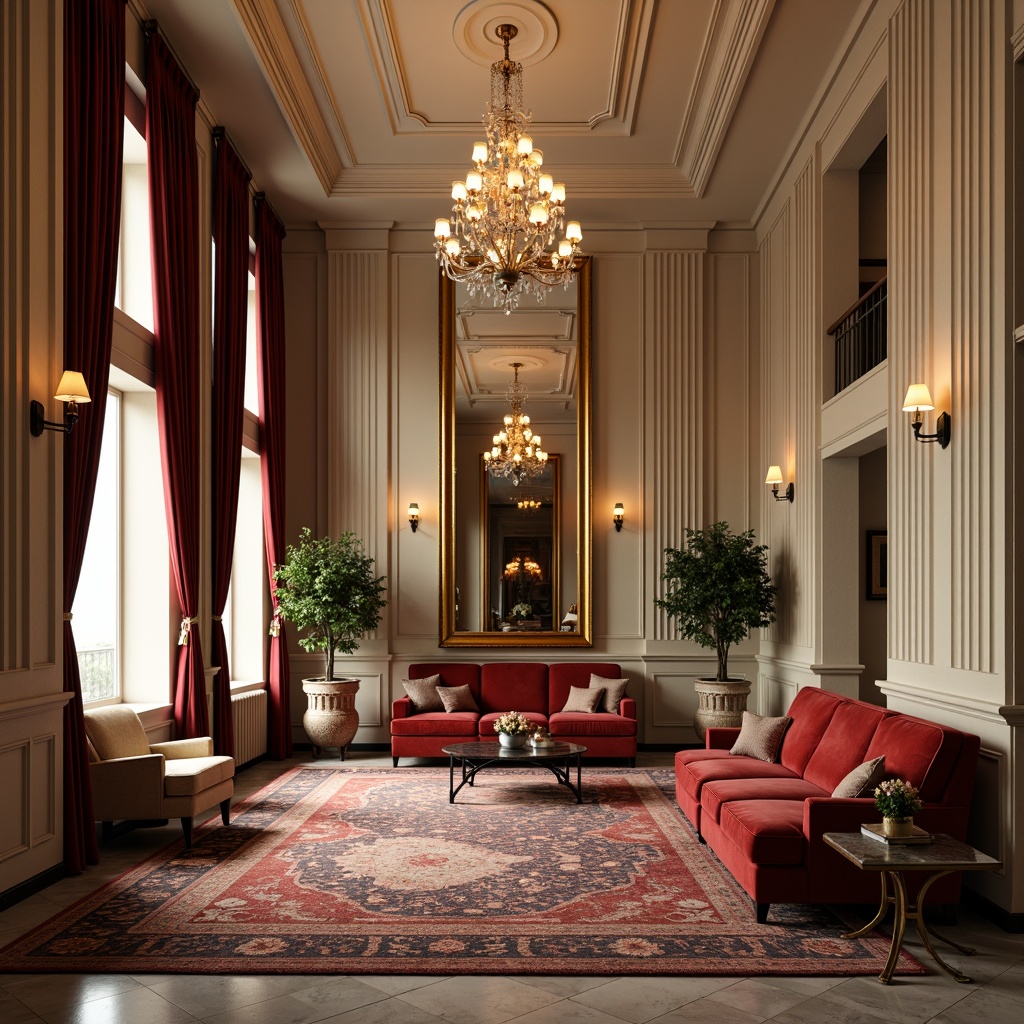 Prompt: Luxurious hotel lobby, rich velvet drapes, ornate golden frames, plush silk sofas, intricately patterned rugs, majestic crystal chandeliers, elegant marble floors, neoclassical columns, subtle cream walls, sophisticated furniture upholstery, lavish curtains, opulent fabrics, refined embroidery, delicate lace details, warm ambient lighting, shallow depth of field, 1/2 composition, realistic textures, soft focus effect.