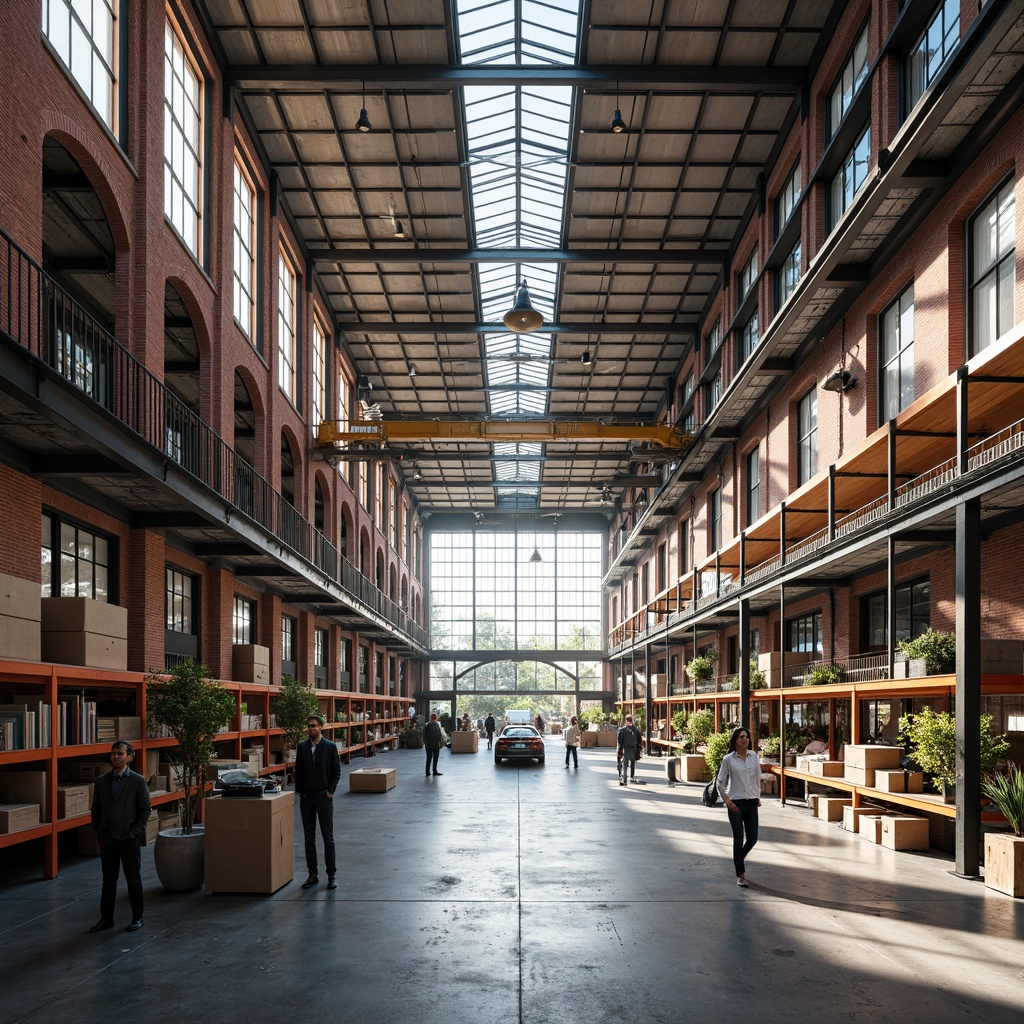 Prompt: Industrial warehouse, exposed brick walls, metal beams, concrete floors, functional shelving units, efficient storage systems, natural light pouring in, clerestory windows, open floor plans, flexible workspaces, collaborative areas, minimalist decor, urban regionalism style, modern industrial architecture, bold color accents, steel columns, overhead cranes, mechanical equipment, functional lighting, shallow depth of field, 1/1 composition, realistic textures, ambient occlusion.