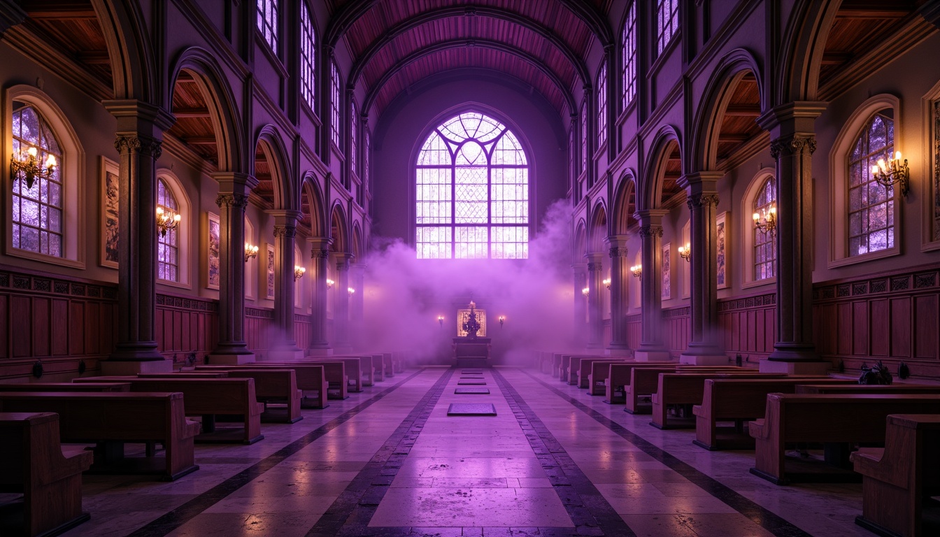 Prompt: Rich amethyst hues, luxurious velvet textures, ornate Gothic arches, grandiose cathedral ceilings, mystical purple mist, lavish jewel-toned accents, regal crown molding, opulent marble floors, intricate stone carvings, majestic stained glass windows, warm golden lighting, dramatic shadows, 1/2 composition, low-angle shot, cinematic atmosphere, realistic reflections.