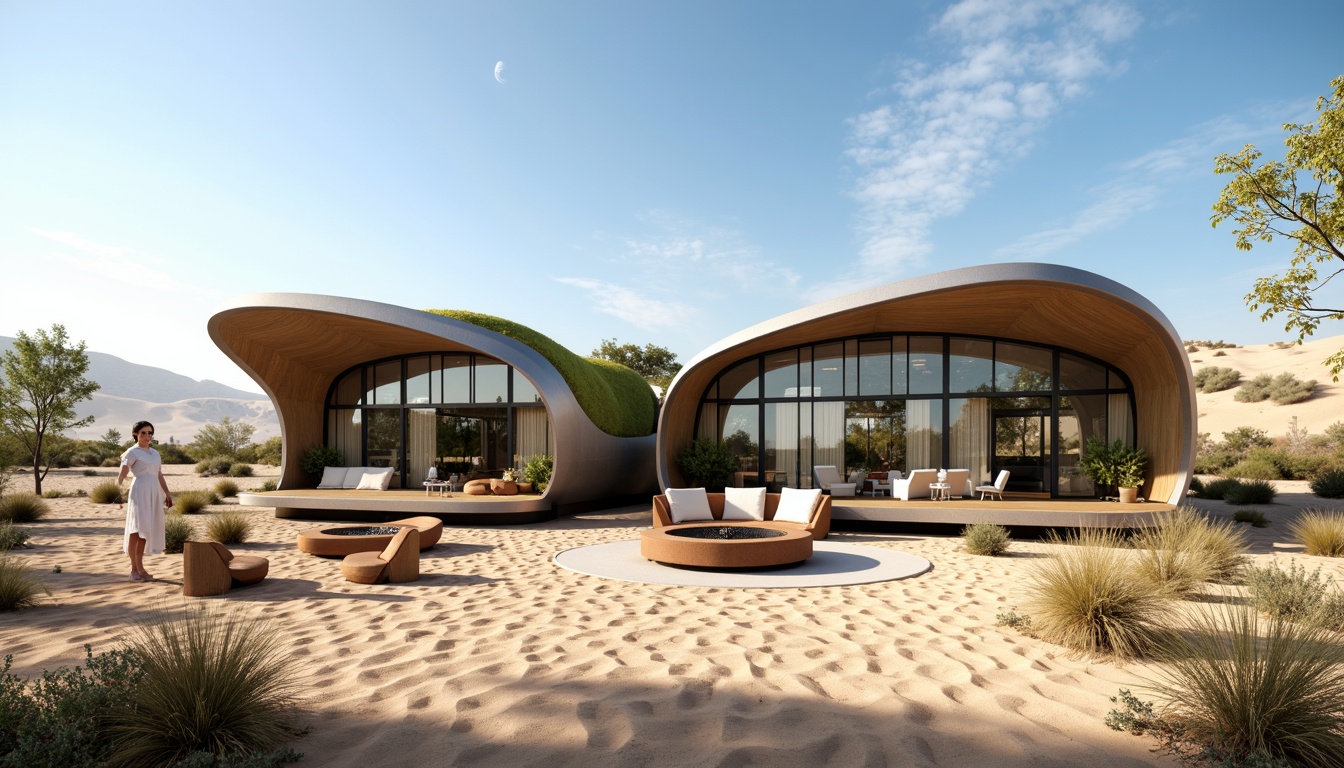 Prompt: Futuristic dwelling, curved lines, metallic fa\u00e7ade, solar panels, green roofs, eco-friendly materials, recycled glass walls, bamboo flooring, low-carbon footprint, minimalist interior, sleek furniture, ambient lighting, soft shadows, shallow depth of field, 1/1 composition, panoramic view, realistic textures, desert landscape, sandy dunes, cactus plants, hot sunny day, clear blue sky, vast open space.