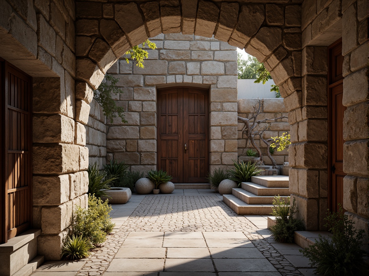 Prompt: Rough stone walls, weathered wooden planks, rusty metal grills, smooth concrete floors, intricate tile mosaics, natural rock formations, earthy terrain, organic shapes, brutalist architecture, industrial chic aesthetic, dramatic shadows, warm ambient lighting, shallow depth of field, 1/1 composition, realistic textures, ambient occlusion.