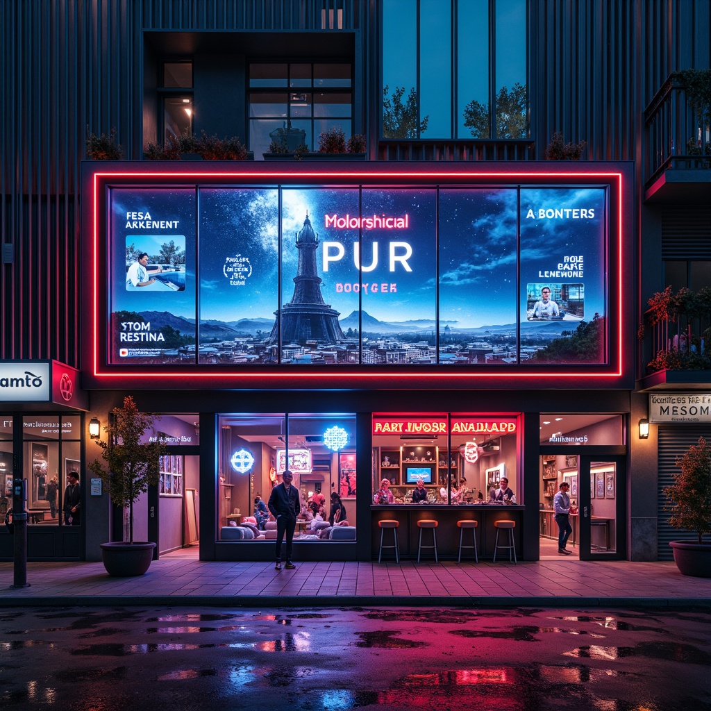 Prompt: Neon-lit pub facade, futuristic architecture, metallic materials, angular lines, holographic advertisements, cyberpunk-inspired signage, vibrant LED lights, transparent glass walls, minimalist interior design, high-tech bar equipment, robotic bartenders, virtual reality experiences, immersive gaming areas, neon-lit streetscape, rainy night atmosphere, shallow depth of field, 1/1 composition, cinematic lighting, realistic reflections, ambient occlusion.