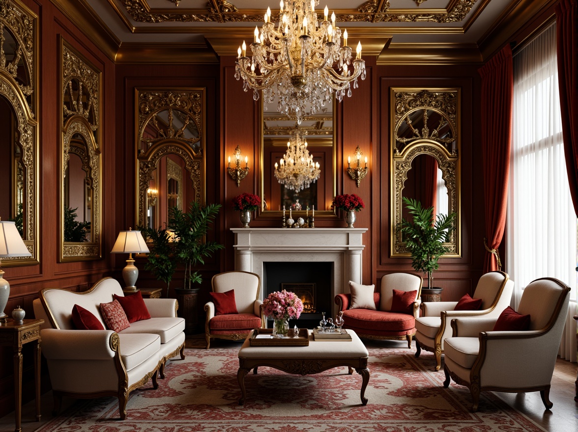 Prompt: Luxurious living room, ornate furnishings, intricately carved wooden panels, gilded accents, velvet upholstery, crystal chandeliers, marble flooring, ornamental mirrors, lavish textiles, rich jewel-toned colors, soft warm lighting, shallow depth of field, 1/1 composition, realistic reflections, ambient occlusion.