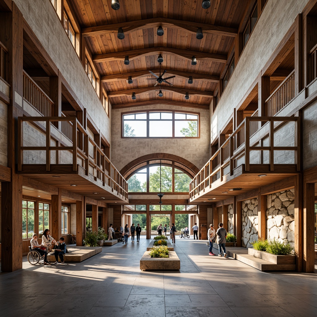 Prompt: Rustic visitor center, wooden accents, natural stone walls, earthy tones, cantilevered roofs, large overhangs, exposed beams, steel frames, reinforced foundations, seismic design, wind-resistant structures, impact-resistant materials, safety railings, accessible ramps, wide entrances, open floor plans, minimal columns, abundant natural light, soft warm lighting, shallow depth of field, 3/4 composition, panoramic view, realistic textures, ambient occlusion.