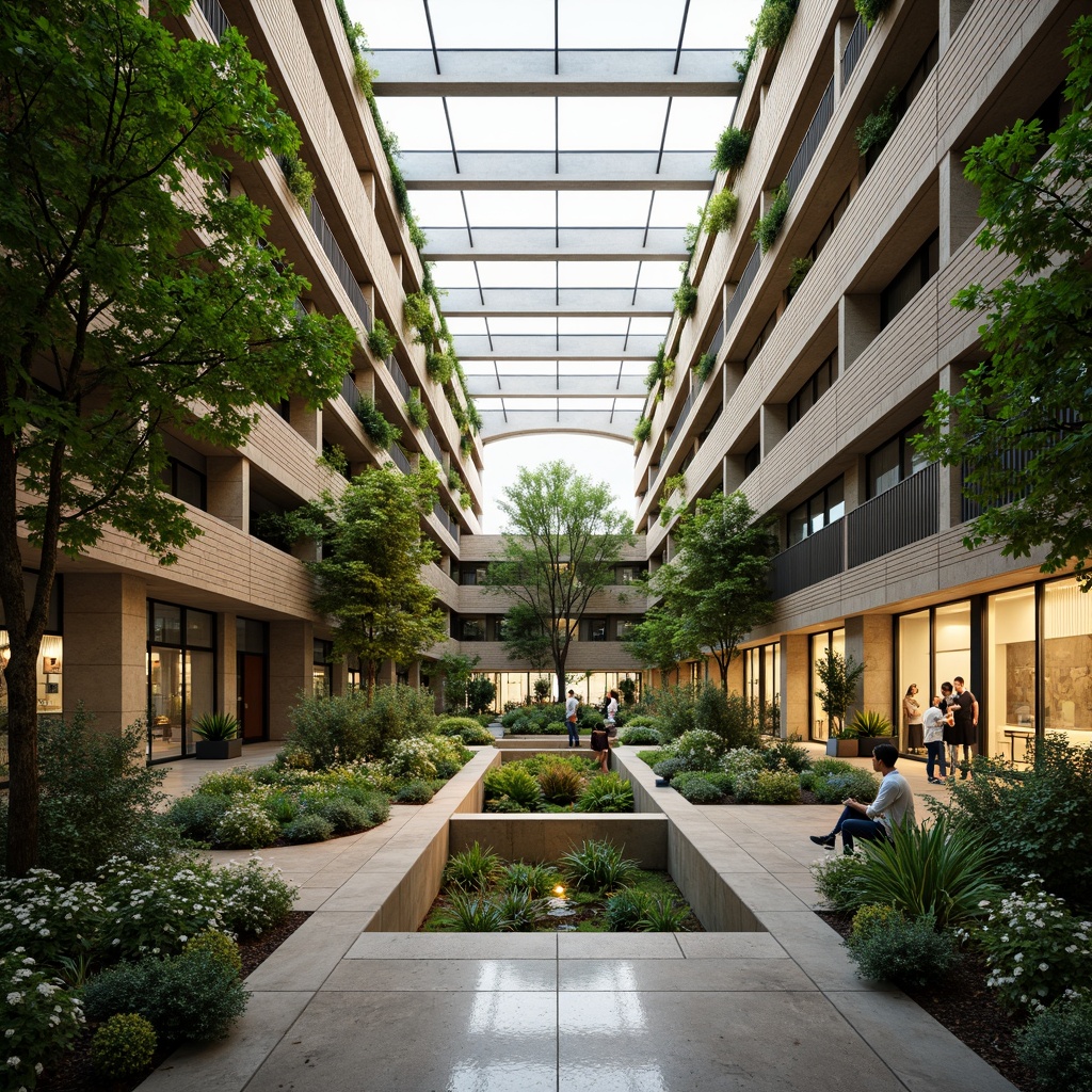 Prompt: Vibrant atrium, lush green walls, natural stone floors, wooden accents, floor-to-ceiling windows, clerestory windows, skylights, open-plan layout, minimalist decor, earthy color palette, warm ambient lighting, soft shadows, 1/1 composition, shallow depth of field, realistic textures, ambient occlusion, modern sustainable architecture, eco-friendly materials, energy-efficient systems, solar panels, green roofs, living walls, urban garden views, cityscape backdrop.