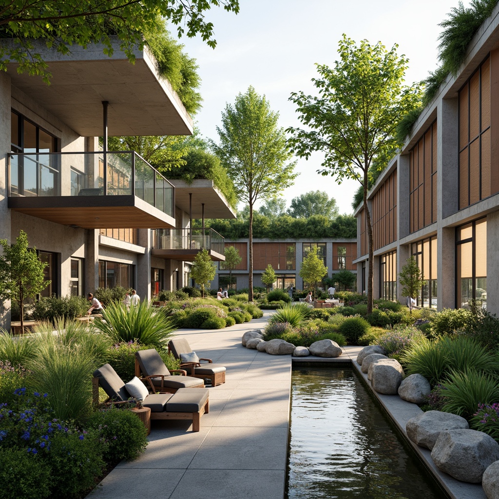 Prompt: Soothing healthcare facility, lush green roofs, natural stone walls, calming water features, serene gardens, walking trails, meditation areas, vibrant flowers, comfortable outdoor seating, warm wooden accents, large windows, abundant natural light, peaceful atmosphere, shallow depth of field, 3/4 composition, realistic textures, ambient occlusion, modern minimalist architecture, eco-friendly materials, sustainable design solutions, innovative ventilation systems, shaded outdoor spaces, misting systems.