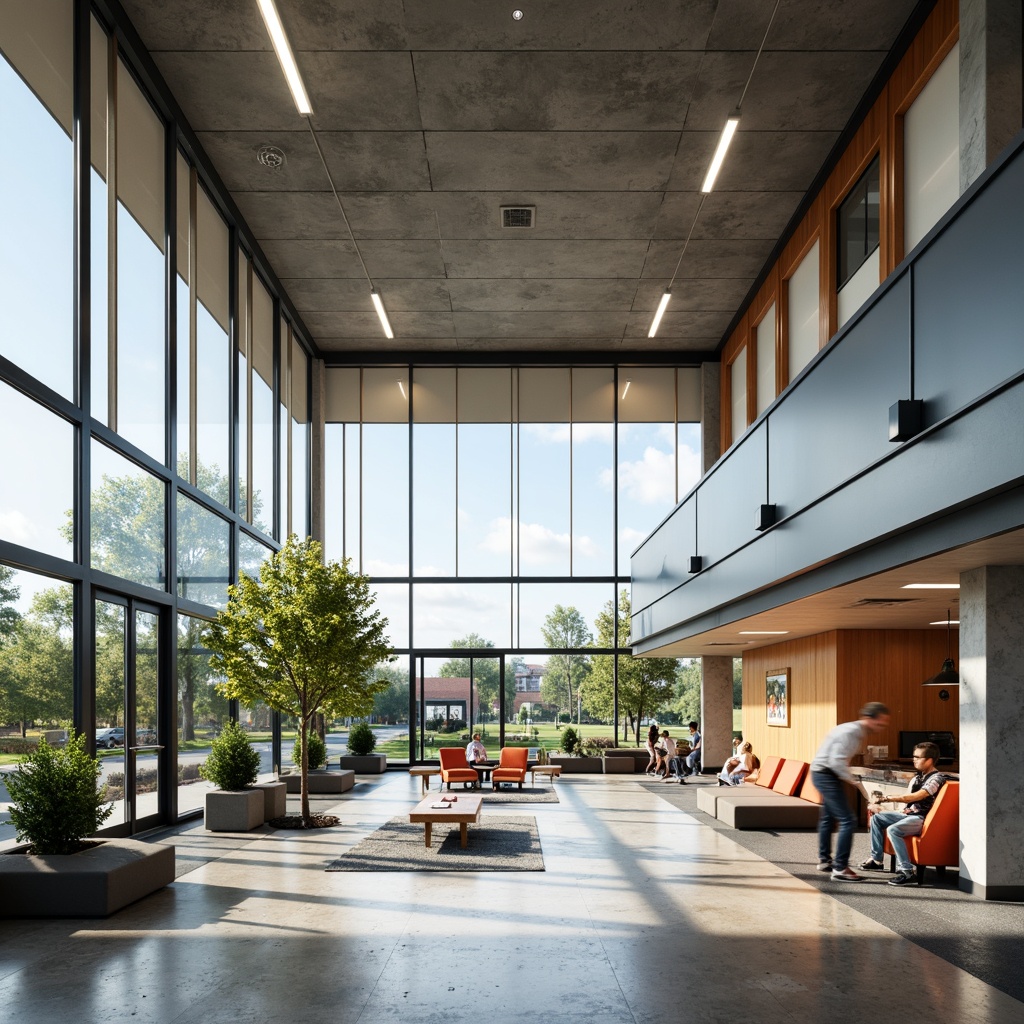 Prompt: Minimalist school building, large windows, metal frames, industrial-style lighting, functional window treatments, roller shades, geometric patterns, bold color accents, rectangular shapes, clean lines, modernist architecture, open floor plans, collaborative learning spaces, natural light, airy atmosphere, 1/1 composition, high-contrast lighting, realistic textures, ambient occlusion.