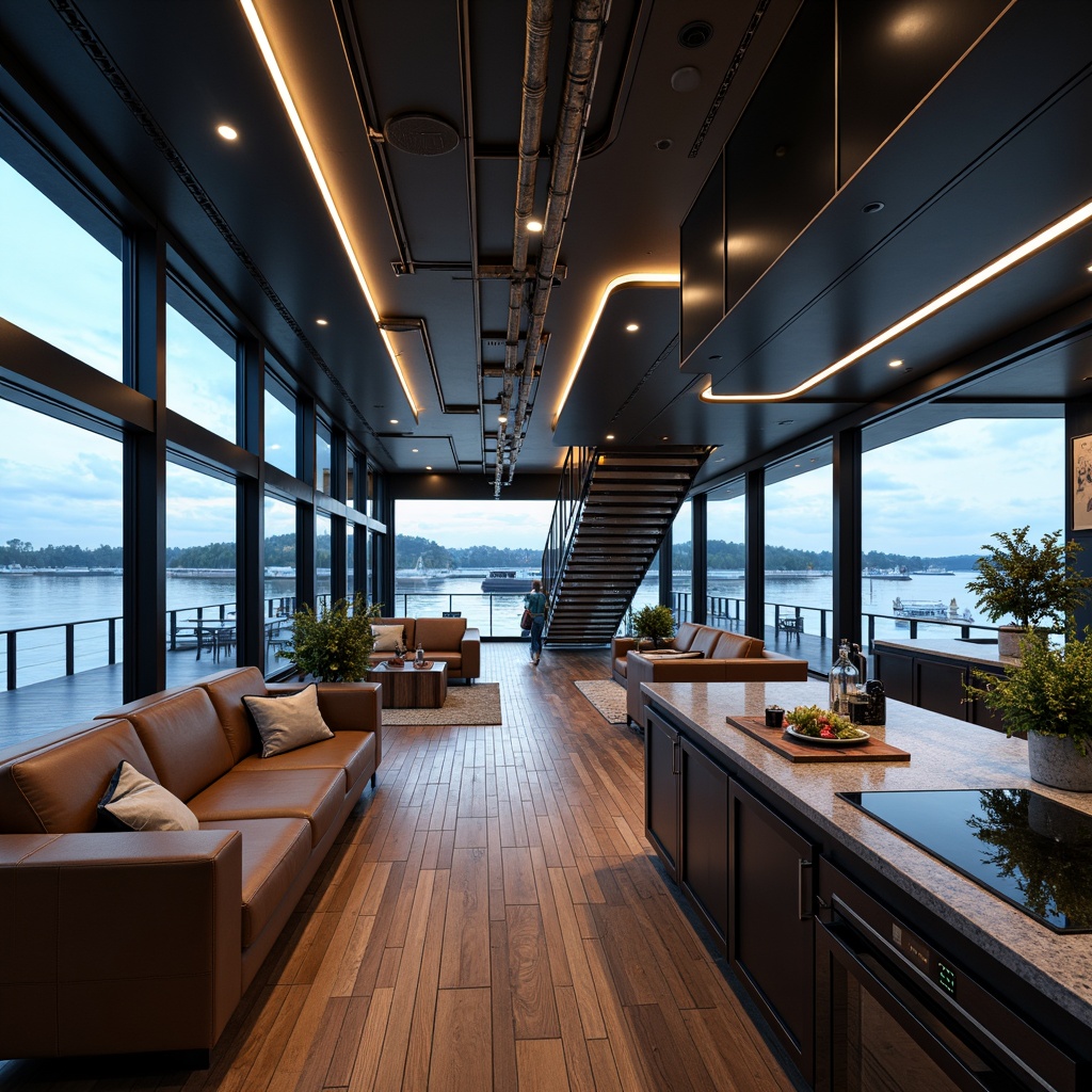 Prompt: Luxurious boathouse interior, high-tech gadgets, sleek metallic accents, polished wooden floors, floor-to-ceiling windows, panoramic lake views, minimalist decor, futuristic lighting systems, ambient LED illumination, ergonomic furniture, premium leather upholstery, nautical-themed accessories, abstract artwork, glass staircase, open-plan living area, state-of-the-art kitchen appliances, induction cooktop, high-gloss countertops, matte black cabinets, industrial-chic pipes, exposed ductwork, dramatic ceiling heights, 1/1 composition, softbox lighting, realistic reflections.